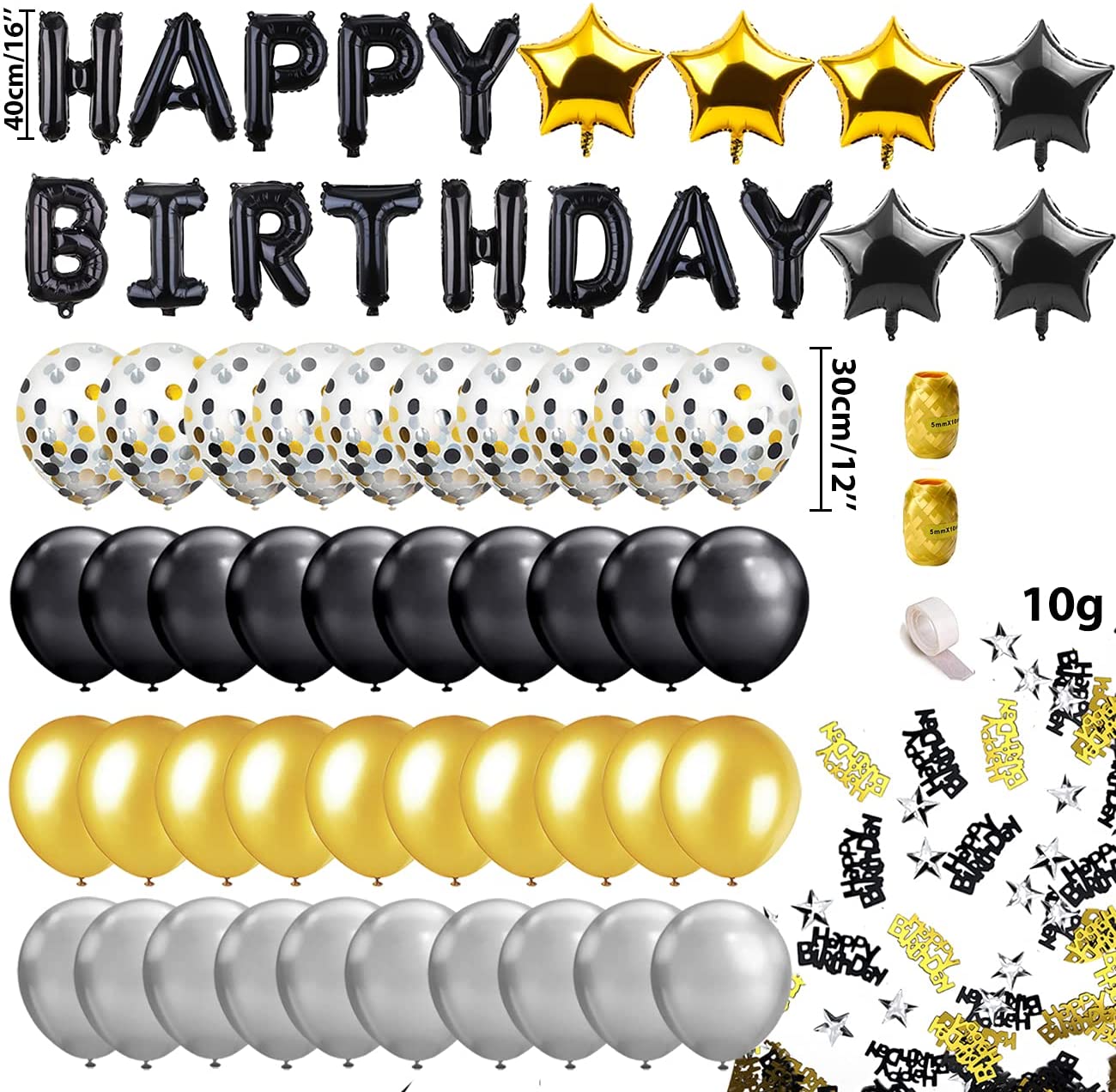 iZoeL Black Gold Birthday Decorations for Men Women Boys, 13pcs Happy Birthday Banner Balloon, 6pcs Star Balloons, 40pcs Latex Confetti Balloons plus 10g Table Confetti, Party Accessories