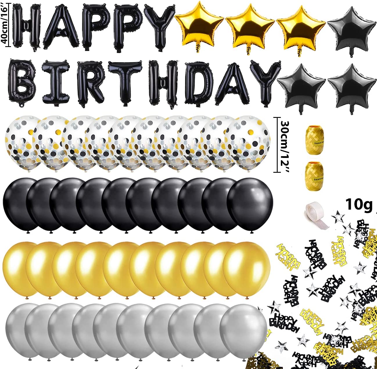 iZoeL Black Gold Birthday Decorations for Men Women Boys, 13pcs Happy Birthday Banner Balloon, 6pcs Star Balloons, 40pcs Latex Confetti Balloons plus 10g Table Confetti, Party Accessories