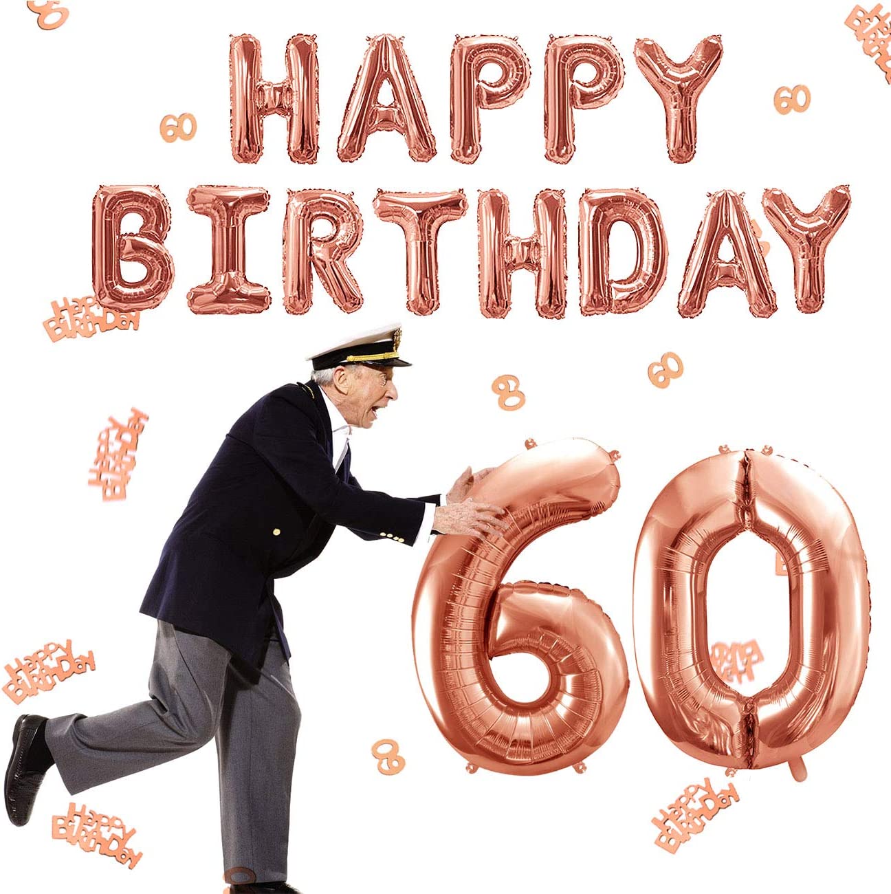 iZoeL 60th Rose Gold Birthday Party Decoration Happy Birthday Banner Helium Number 60 XXL 2 Rose Gold Fringe Curtain Latex Confetti Balloon Table Confetti Girl Women Anniversary