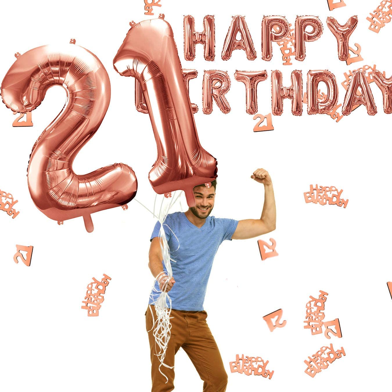 iZoeL 21th Rose Gold Birthday Party Decoration Happy Birthday Banner Helium Number Balloon 21 XXL, 2 Rose Gold Fringe Curtain Latex Confetti Balloon Table Confetti Girl Women Anniversary