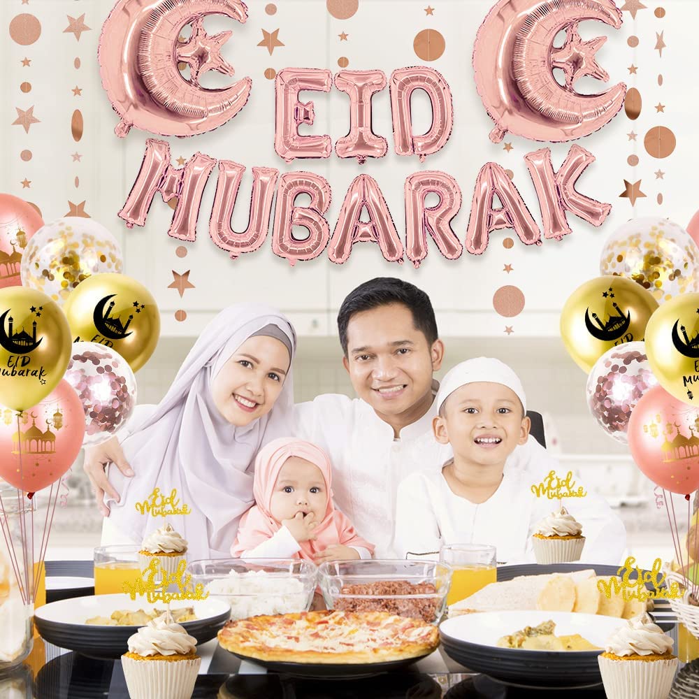 iZoeL EID Mubarak Decorations for Home Eid Decorations UK Eid Mubarak Balloon Mubarak Banner Eid Cake Topper Eid Balloons Star Garland for Home Restaurant Garden - Rose Gold and Gold