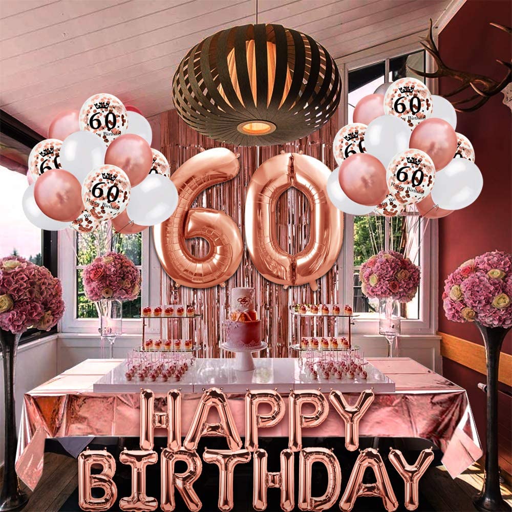 iZoeL 60th Rose Gold Birthday Party Decoration Happy Birthday Banner Helium Number 60 XXL 2 Rose Gold Fringe Curtain Latex Confetti Balloon Table Confetti Girl Women Anniversary