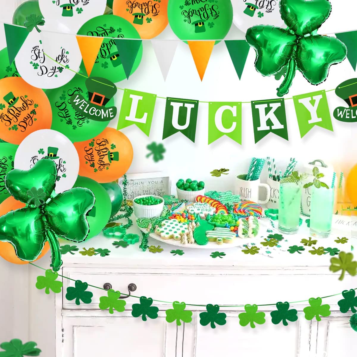 iZoeL St Patricks Day Decorations St Patricks Day Accessories, Welcome Lucky Banner Irish Bunting St Patricks Day Balloons Shamrocks Bunting Confetti for Home Bar Paddy's Day Irish Day Party Supplies