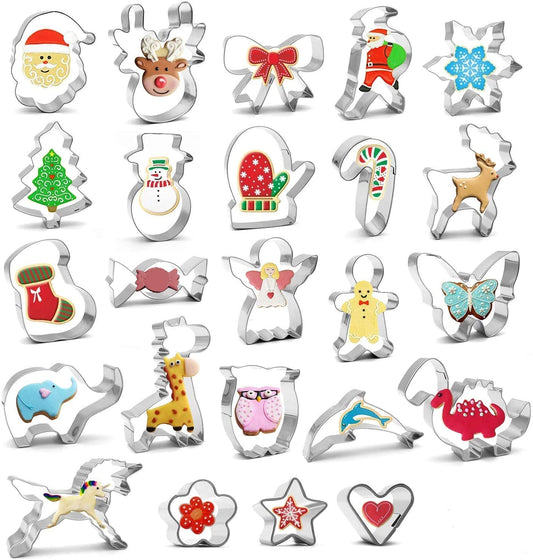 iZoeL 24 Shape of Christmas Cookie Cutters, Biscuits Pastry Cutter Mould Stainless Steel, for Fondant Cookie Brownies Pancake, Fruits,Jam Tarts DIY BakingTool