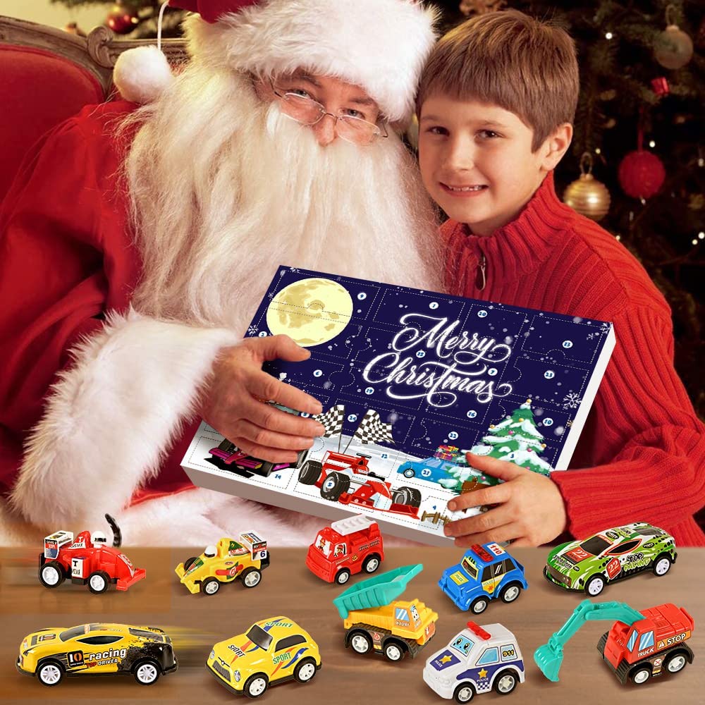 iZoeL Cars Advent Calendar for Kids Boys 2022 Christmas, 24 Mini Pull Back Vehicles Racing Car Construction Vehicles Fire Truck Countdown Days to Christmas for Son Grandson Girls