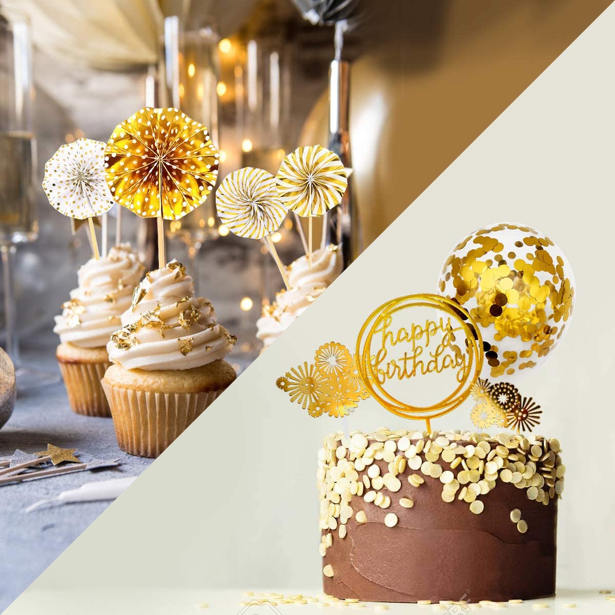 iZoeL Gold Birthday Cake Decoration Happy Birthday Cake Topper Paper Fans Banner Confetti Balloon Fireworks Golden Cupcake Topper for Gold Theme Party Decor Girl Boy Kid Women Man (Gold)