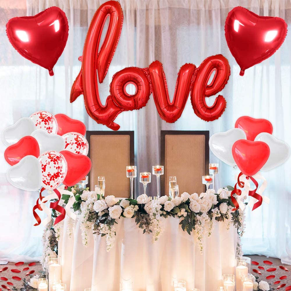 iZoeL Valentines Day Balloons Decorations XXL LOVE Letter Balloon 50pcs Heart Candles 1000pcs Rose Petals Red White Heart Confetti Balloons for Wedding Anniversary Engagement Party Newly Weds