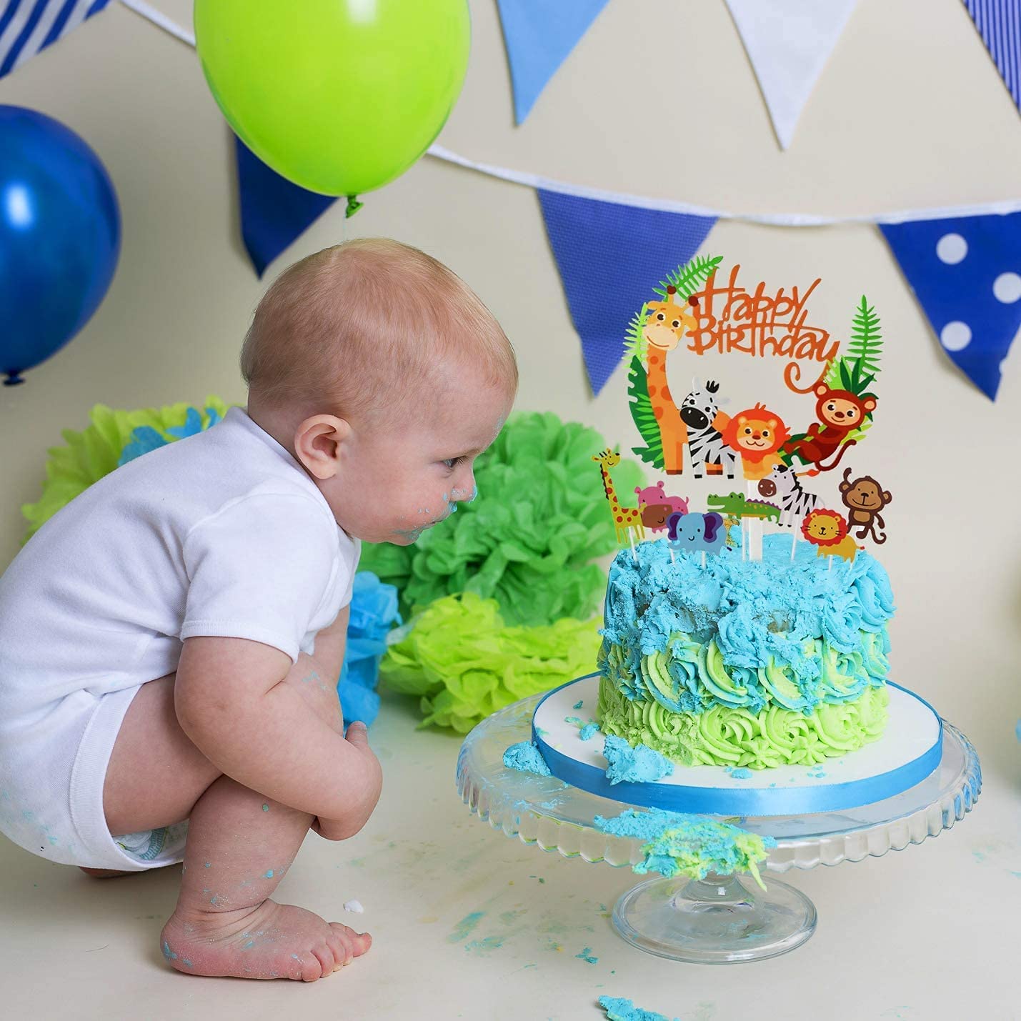 iZoeL Animal Cake Topper, 1pcs Zoo Animal Happy Birthday Banner, 35 Animal Cupcake Topper for Kid Birthday Party Decoration, Jungle Safari Theme Party (Green)