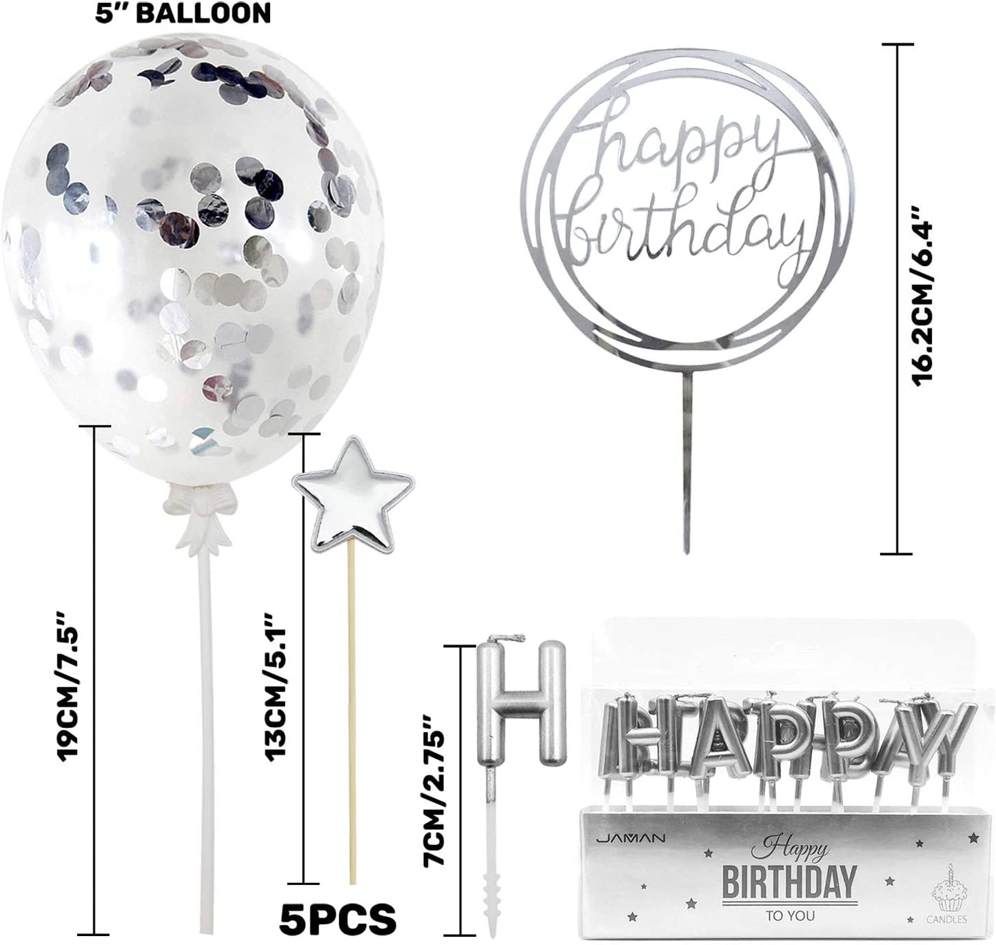 iZoeL Silver Cake Decoration Happy Birthday Cake Topper Birthday Candles Confetti Balloon Stars For Silver Theme Party Decor Girl Kid Women Man Birthday Party Anniversary