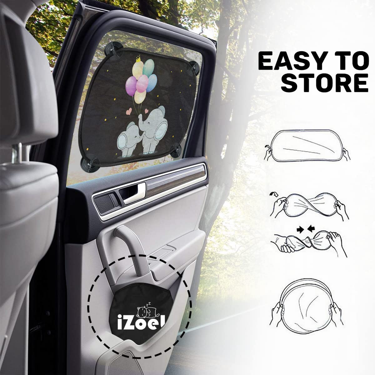 iZoeL Baby Sun Shade with UV Protection, Pack of 2 Sun Visors for Children with 8 Suction Cups, Shade Car Window Side Window Motif Animals (Elephant)