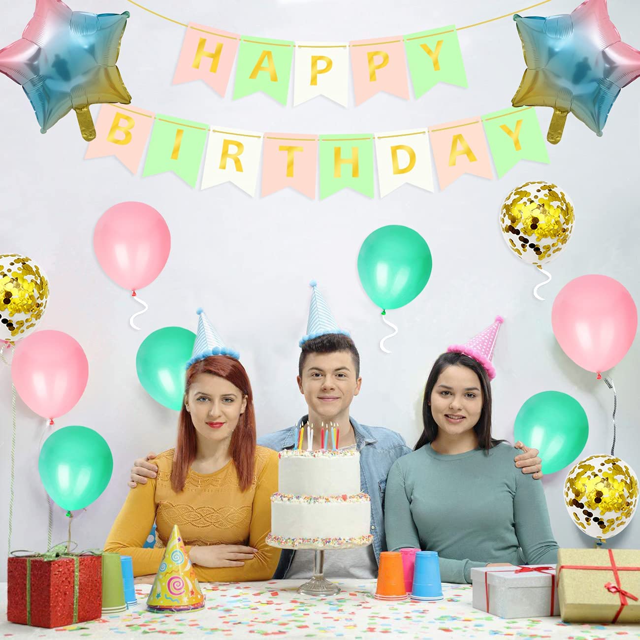 iZoeL Birthday Decoration for Girls, Happy Birthday Banner, Confetti Balloons, Big Star Balloons, for Women Her Birthday Party Supplies Baby Shower