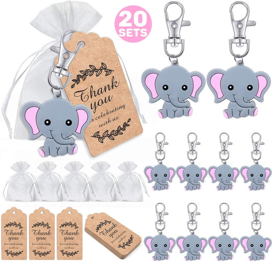 iZoeL 20 Sets Baby Shower Gift for Guest, Pink Baby Elephant Keychains 20 Organza Bags 20 Thank You Tags, Ideas Presents Party Favors Boy Girl Kid Wedding Birthday Party Supply Decoration