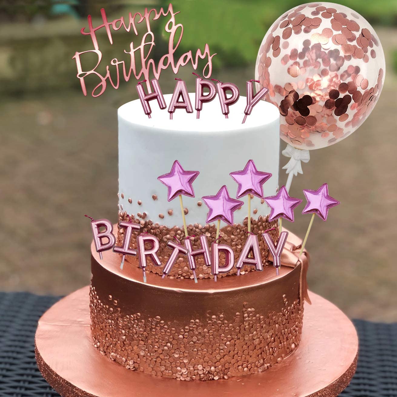 iZoeL Rose Gold Cake Decoration Rose Gold Happy Birthday Candles Happy Birthday Banner Confetti Balloon Stars Cake Topper For Rose Gold Theme Party Decor Girl Kid Women Birthday Party Baby Shower