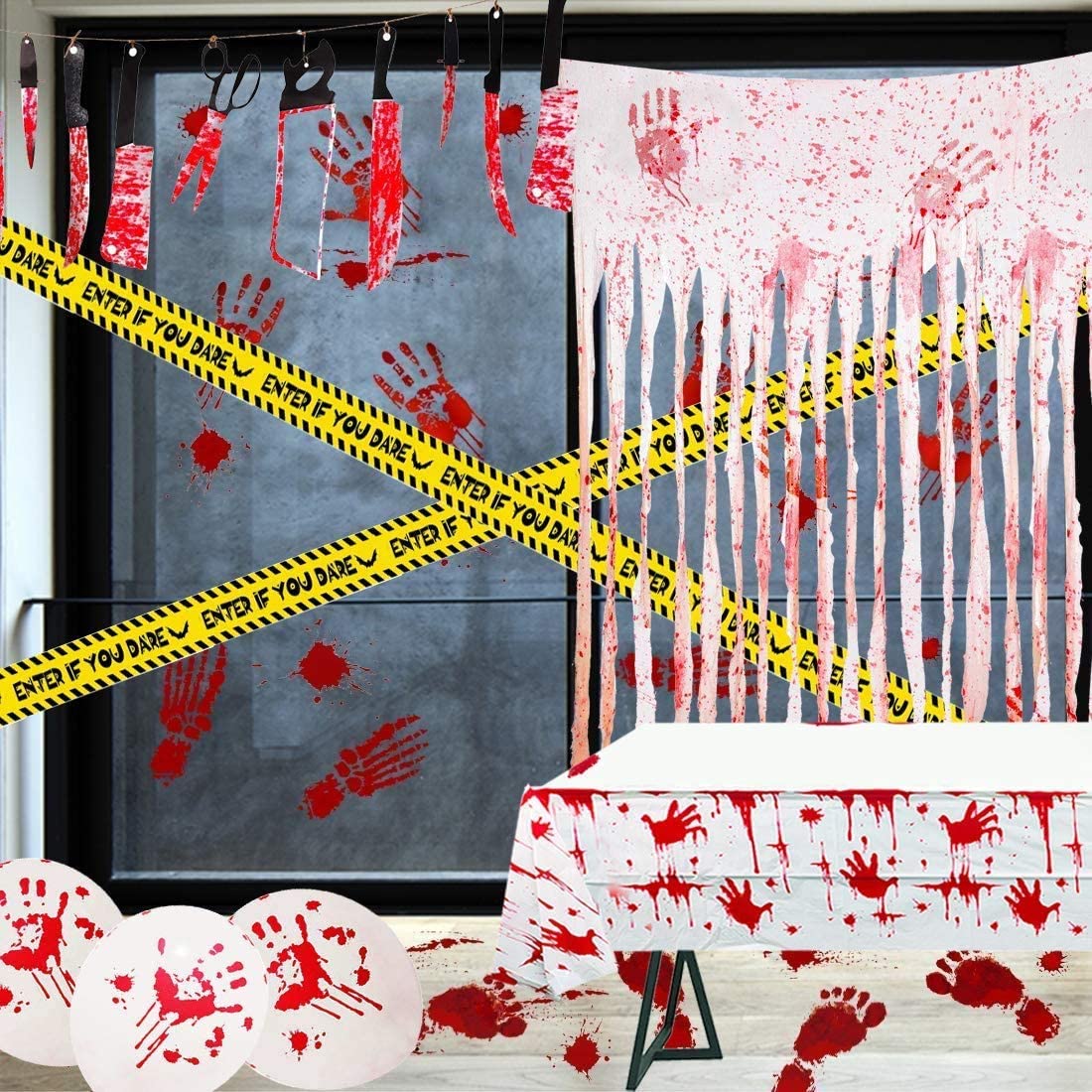 iZoeL Halloween Blood Handprint Tablecloth Banner Balloon Set-1