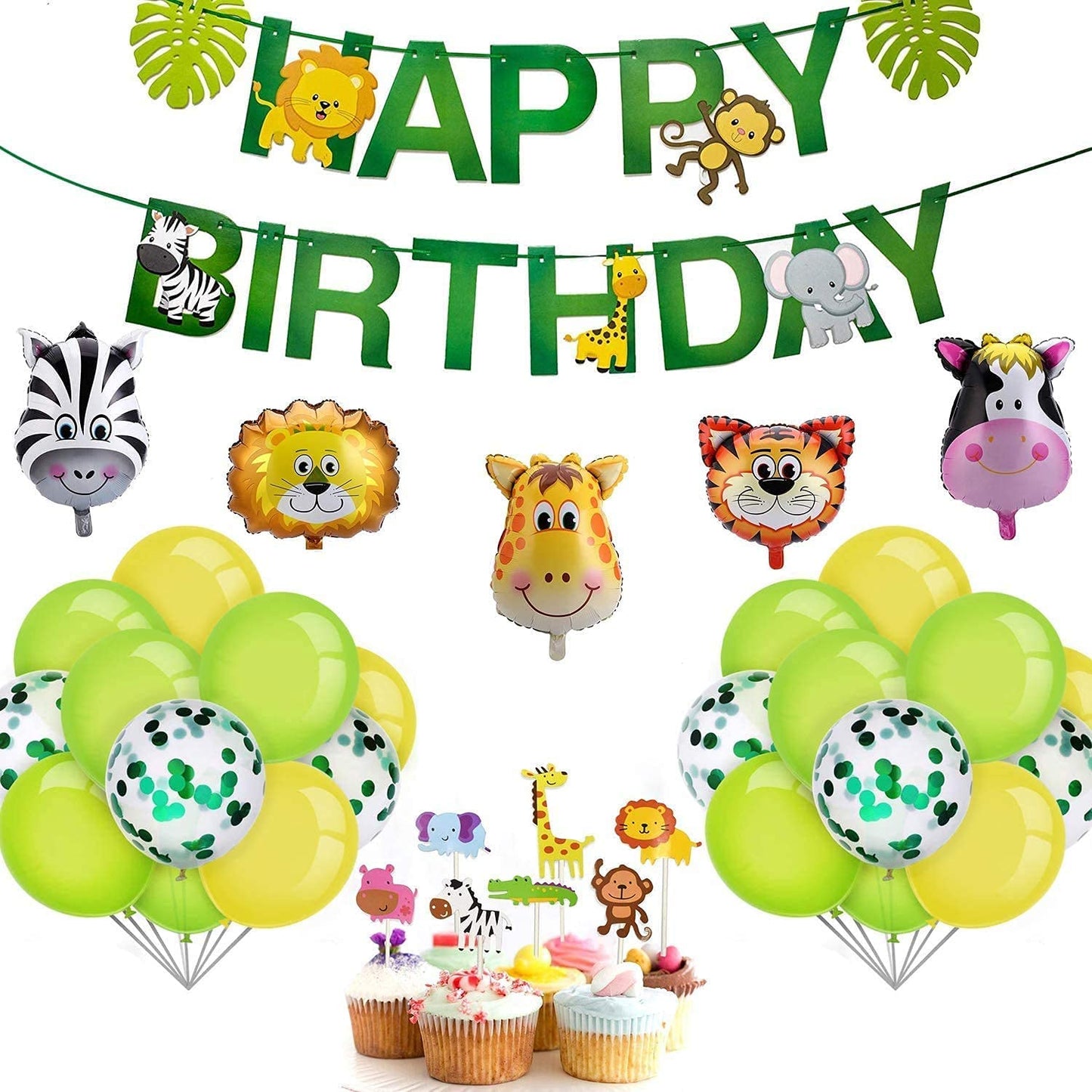 iZoeL Jungle Animals Birthday Party Decorations for Boys Kids Girls, Happy Birthday Banner Animal Balloon Latex Balloons Animal Cake Toppers for 1st 2nd 3rd 4th 5th 6th 7th Jungle Themed Party