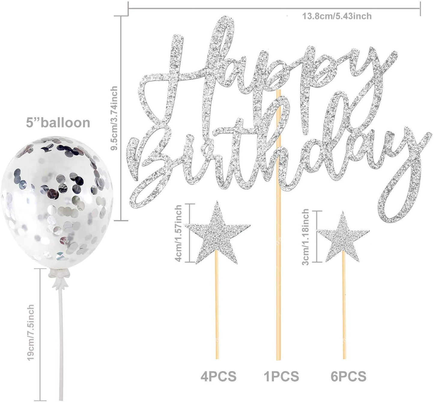 iZoeL Sliver Cake Decoration Confetti Balloon Cake Topper Sliver Happy Birthday Cake Topper Stars Heart Cupcake Topper for Women Man Boys Girls (silver)