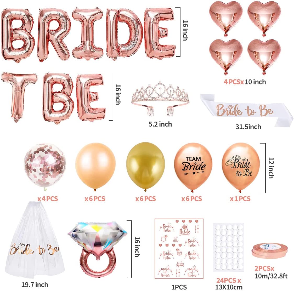 Roll over image to zoom in iZoeL Hen Party Accessories, Bride to Be Sash, Bride to Be Veil, Bride Headband Tiara, Tattoos Team Bride, Rose Gold Bride to Be Banner Balloons - Hen Do Hen Party Decoration