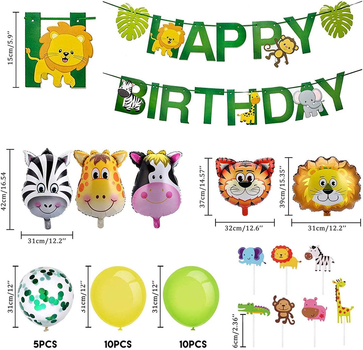 iZoeL Jungle Animals Birthday Party Decorations for Boys Kids Girls, Happy Birthday Banner Animal Balloon Latex Balloons Animal Cake Toppers for 1st 2nd 3rd 4th 5th 6th 7th Jungle Themed Party