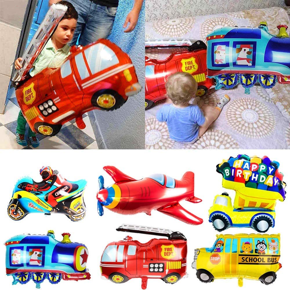 iZoeL Birthday Decoration for boys Happy Birthday Banner Cars School Bus Train Fire Truck Motorcycle Plane Balloons Transport Vehicles Cake Topper Kids 1st 2nd 3rd 4th