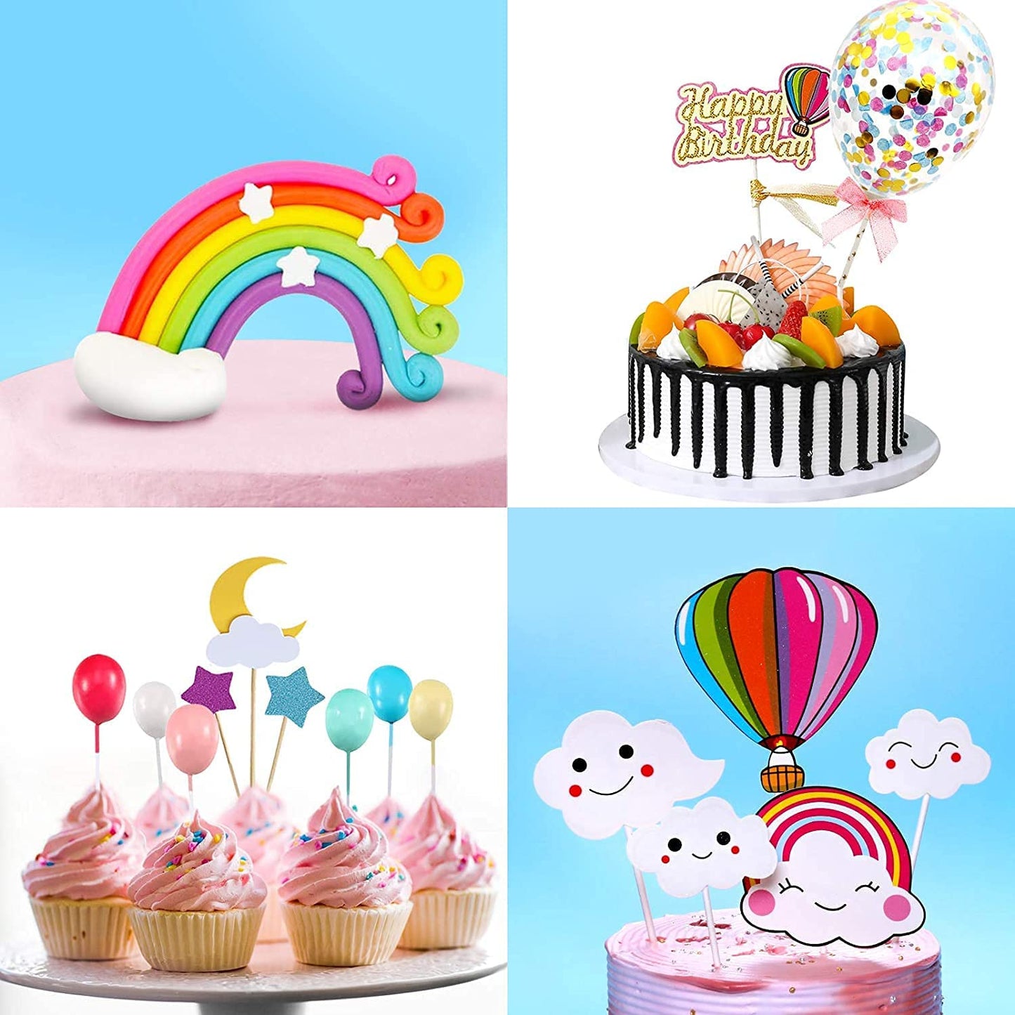 iZoeL Birthday Cake Topper Rainbow Cake Decoration Confetti Balloon Happy Birthday Cupcake Topper Moon Cloud Stars for Girls Boys Kids Woman Birthday Anniversary Wedding Baby Shower