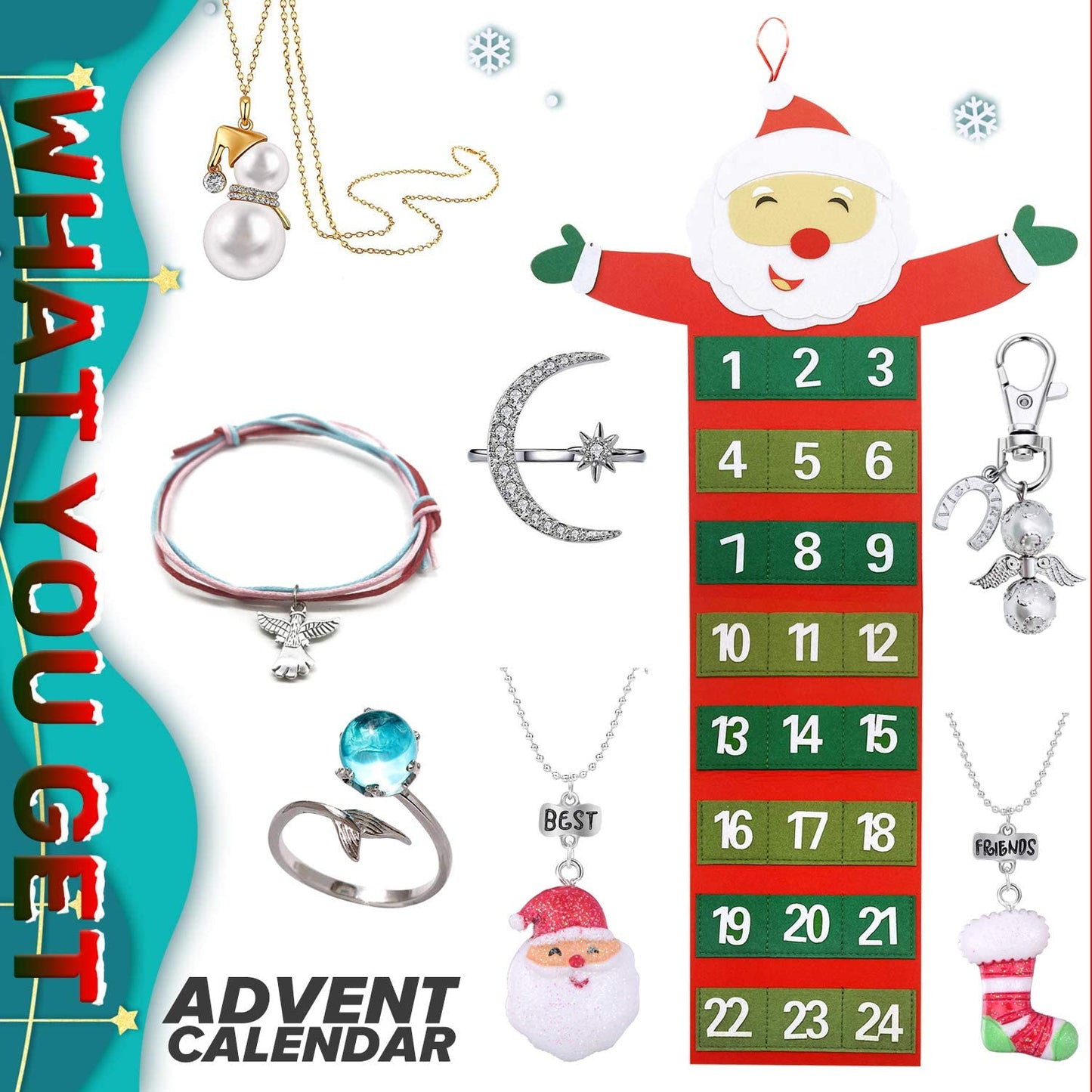 iZoeL Christmas Advent Calendar 2019, 24 Days Gift Jewellery Charms, with 16 Charms, 2 Pendant, 2 Bracelet and 3 Necklace, 2 Ring, 1 Keychian for Girl Kid Children Women Adult