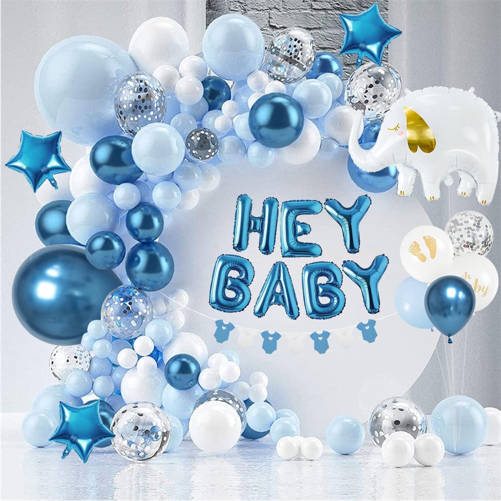 iZoeL Baby Shower Decorations Boy Girl White Blue Baby Shower Decoration Neutral Balloon Arch Kit, Hey Baby Banner Mummy to Be Sash Elephant Balloons Gender Reveal balloons Cake Topper