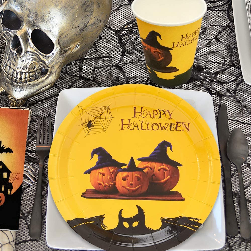 iZoeL Halloween Tableware for 20Guests Pumpkin Witches Banner Paper Plates Napkins Cups Straws - Disposable Dinnerware for Halloween Party Decorations Supplies