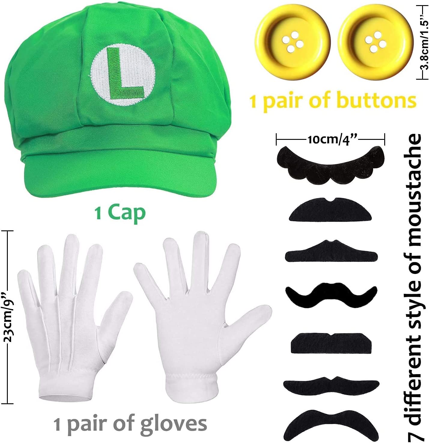 iZoeL Super Luigi Hat Kit incl. Luigi Green Hat + 2x white gloves + 7x mustache + 2x 5cm buttons for Luigi Party Character Games Carnival Decoration Adult Man Women Boy Girl kid