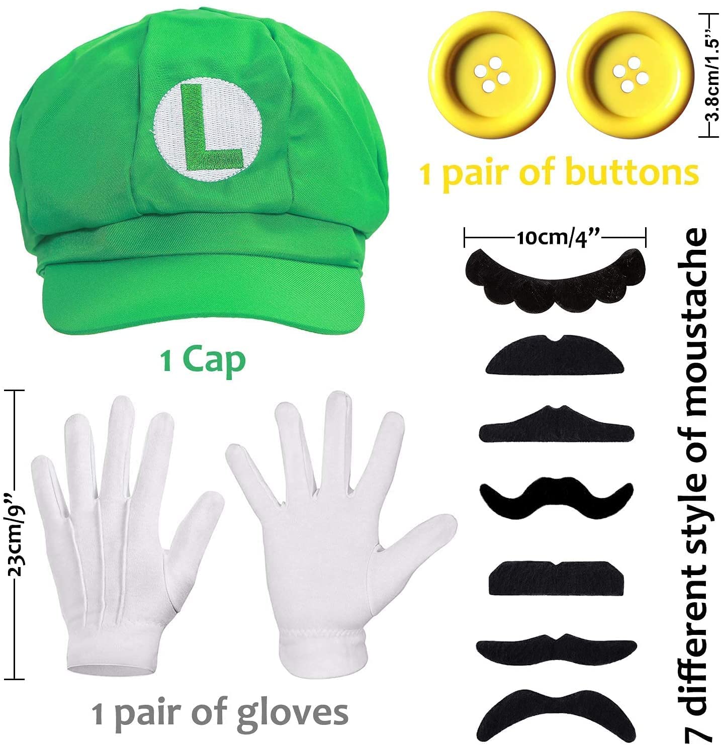 iZoeL Super Luigi Hat Kit incl. Luigi Green Hat + 2x white gloves + 7x mustache + 2x 5cm buttons for Luigi Party Character Games Carnival Decoration Adult Man Women Boy Girl kid