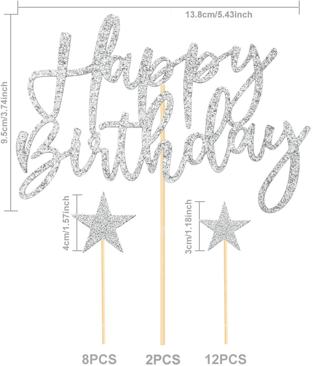 iZoeL 2 Sets Silver Cake Decoration Gold Cake Topper Happy Birthday Banner Confetti Balloon Stars Heart Cake Topper for Man Boys Women Girls Silver Theme Birthday Party Decor Hen Party