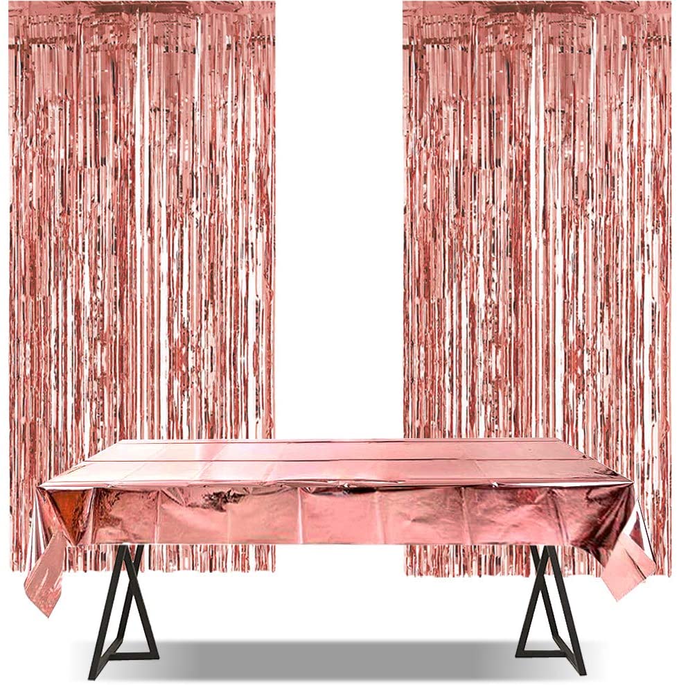iZoeL Rose Gold Birthday Party Decoration, 2 Rose Gold Fringe Curtain, 1 Rose Gold Foil Tablecloth for Girl Women Birthday Party Hen Party Wedding
