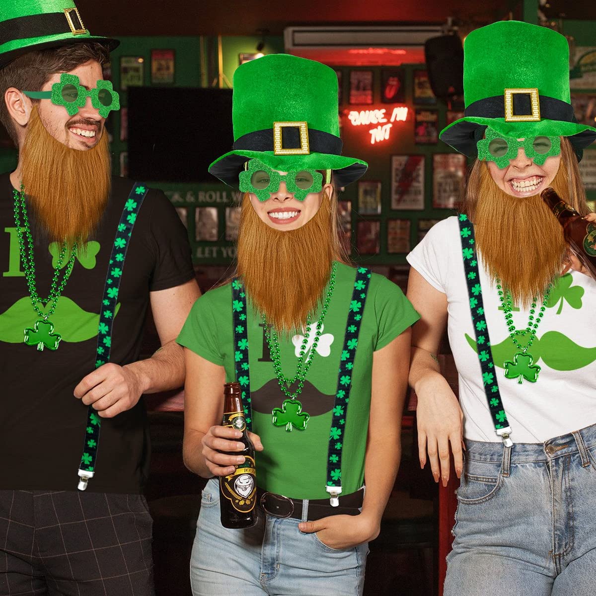 iZoeL St Patricks Day Accessories, Leprechaun Costume St Patricks Day Hat Suspenders Shamrock Glasses Clover Necklaces Irish Fancy Dress Outfits - Men Women kids