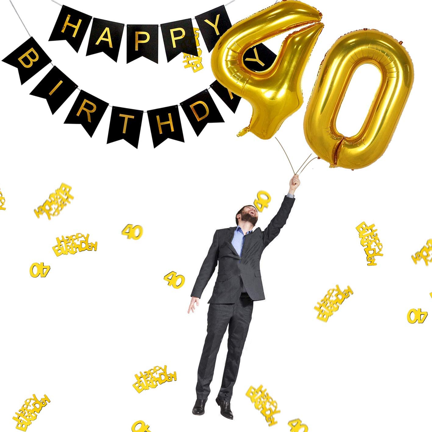 iZoeL 40th Black Gold Birthday Party Decoration, Happy Birthday Banner, Helium Number Balloon 40 XXL, 2 Gold Fringe Curtain, Latex Confetti Balloon, Table Confetti for Man Girl Women Anniversary