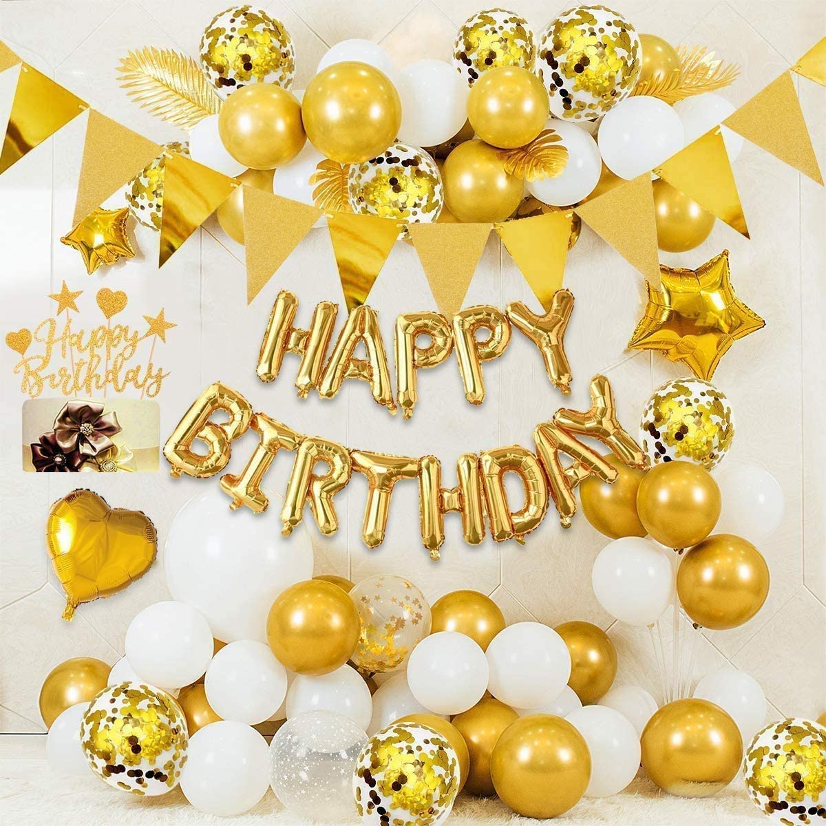 iZoeL Gold Birthday Party Decoration Happy Birthday Banner Balloon Gold Triangle Flag Bunting Heart Star Confetti Balloons Cake Toppers Birthday Party Supplies for Man Woman Wedding Anniversary