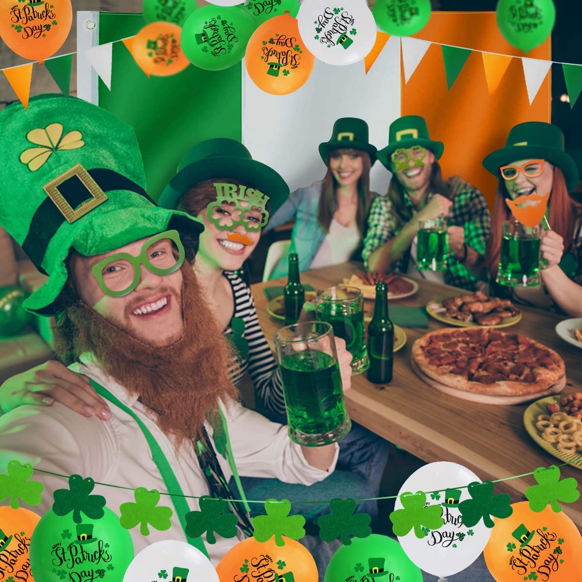 iZoeL St Patricks Day Decorations St Patricks Day Accessories, Irish Flag Bunting St Patricks Day Balloons Photo Booth Props Shamrocks Confetti for Home Bar Irish Paddy's Day Outside Party Decoration