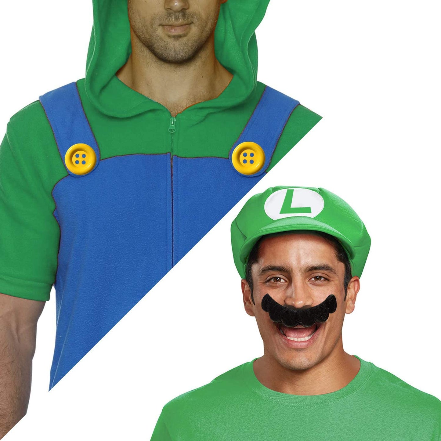 iZoeL Super Luigi Hat Kit incl. Luigi Green Hat + 2x white gloves + 7x mustache + 2x 5cm buttons for Luigi Party Character Games Carnival Decoration Adult Man Women Boy Girl kid
