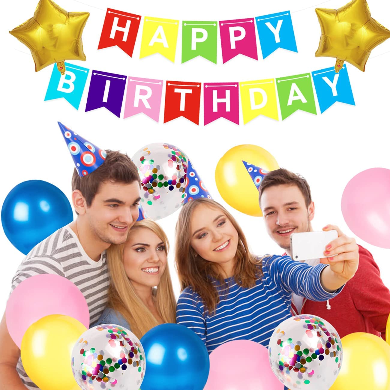 iZoeL Birthday Decoration for Girls, Happy Birthday Banner, Confetti Balloons, Big Star Balloons, for Women Her Birthday Party Supplies Baby Shower