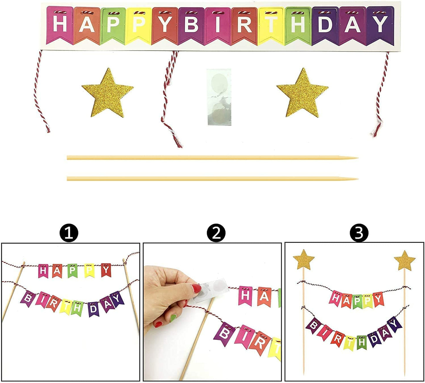 iZoeL Rainbow Cake Decorations, Happy Birthday Cake Topper Bunting Banner, Rainbow Moon Gold Star Cupcake Topper for Boy Girl Kid Birthday Baby Shower Party Decoration (multicoloured)