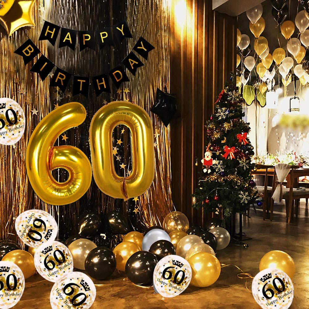 iZoeL 60th Black Gold Birthday Party Decoration, Happy Birthday Banner Helium Number 60 XXL 2 Gold Fringe Curtain Latex Confetti Balloon Table Confetti for Man Boy Girl Women Anniversary