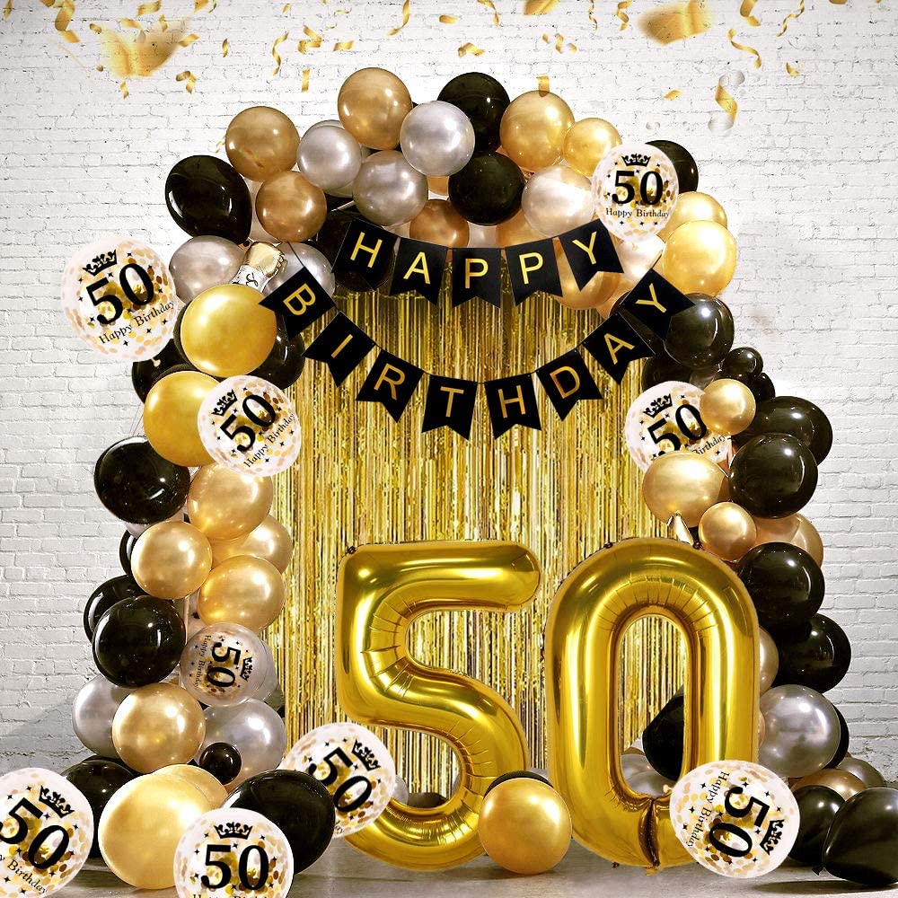 iZoeL 50th Black Gold Birthday Party Decoration, Happy Birthday Banner, Helium Number 50 XXL, 2 Gold Fringe Curtain, Latex Confetti Balloon, Table Confetti