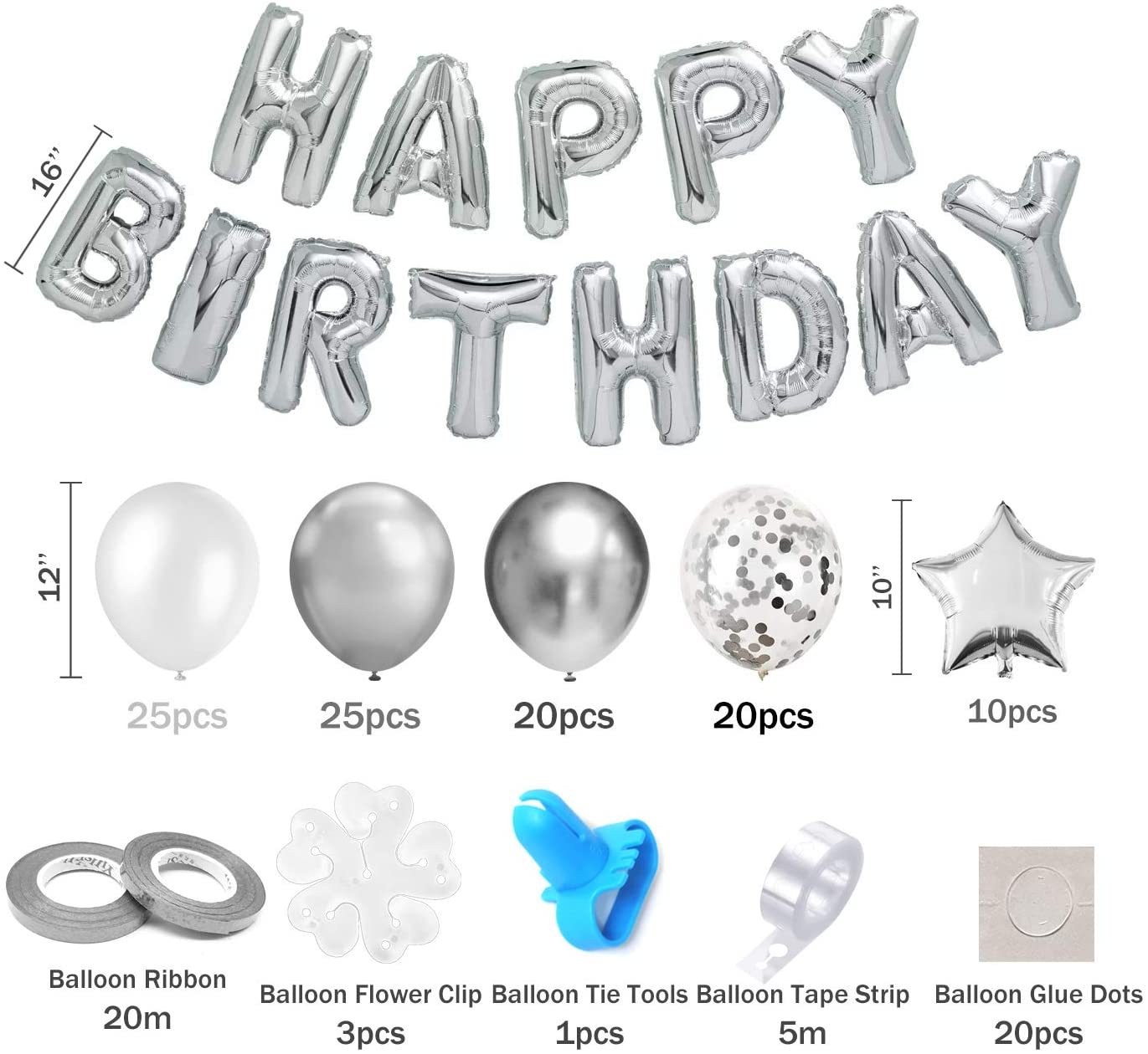 iZoeL Silver Birthday Party Decoration Silver Balloon Arch Garland Kit 113pcs Happy Birthday Banner Latex Confetti Foil Balloon Tape Strips Tie Tools Flower Clips Kid Boy Girl Man Woman