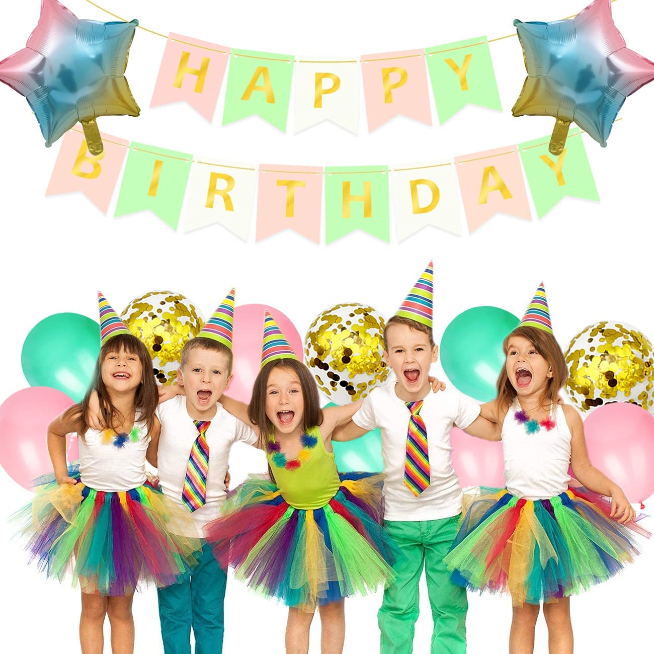 iZoeL Birthday Decoration for Girls, Happy Birthday Banner, Confetti Balloons, Big Star Balloons, for Women Her Birthday Party Supplies Baby Shower
