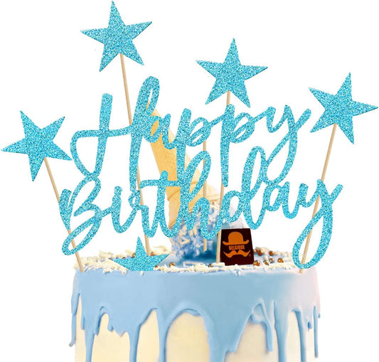 iZoeL 2 Sets Blue Cake Decoration Blue Cake Topper Happy Birthday Banner Confetti Balloon Stars Heart Cake Topper for Men Boys Women Girls Blue Theme Birthday Party Decor (Blue)