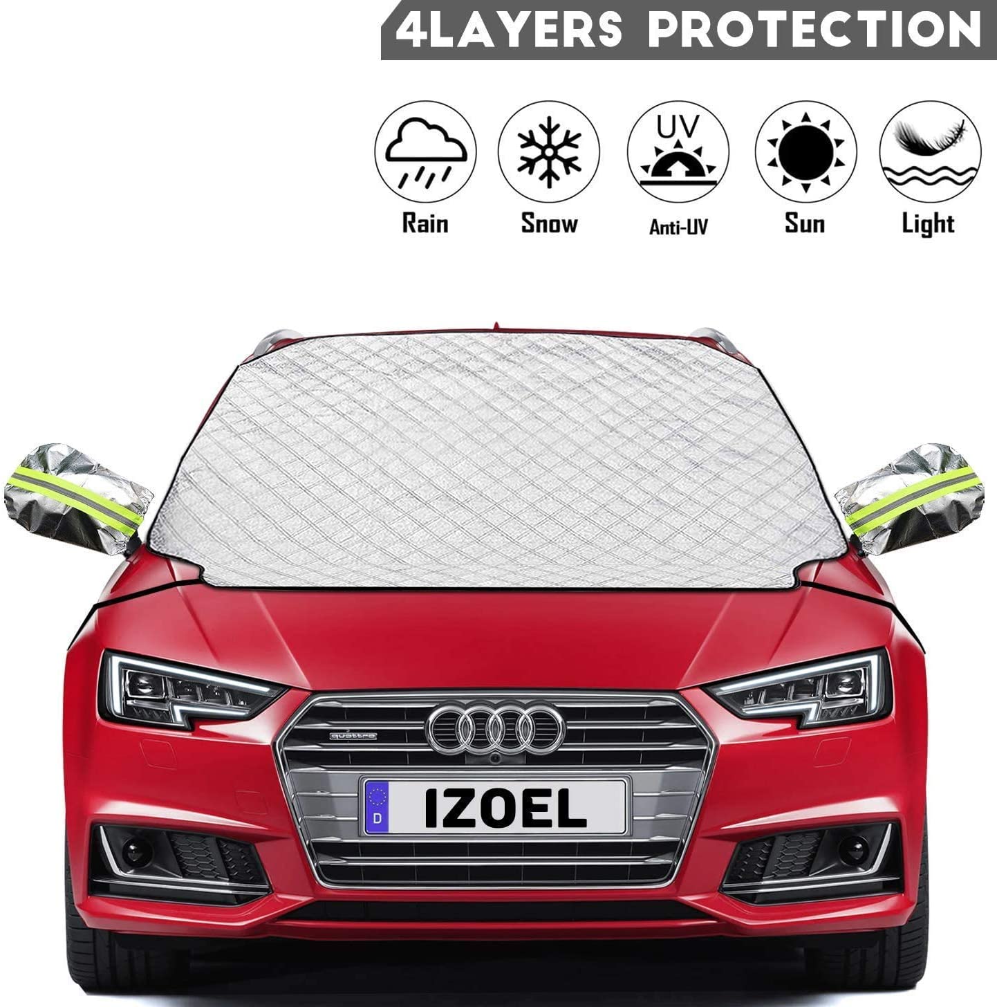 iZoeL Windshield Cover for Winter, Frost Guard Windscreen Cover, Side Wing Mirrors Cover with Reflector, Snow Ice Protector Full Protection for Normal Car Size (146cm * 126cm)