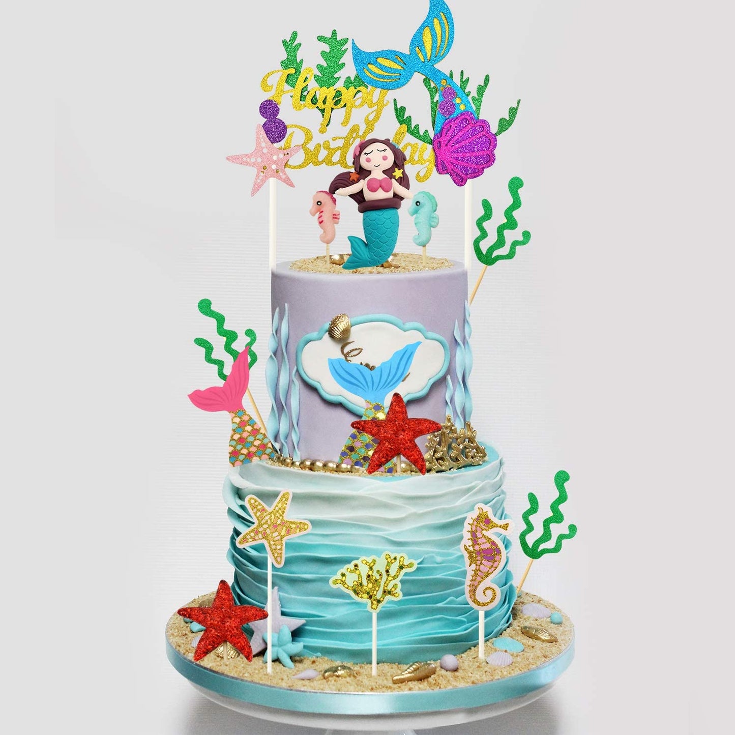 iZoeL 29pcs Mermaid Cake Topper, Seahorse Mermaid Tail Seaweed Starfish Cupcake, Happy Birthday Banner Cake Decoration For Girl Kid Baby Ocean Birthday party Baby Shower