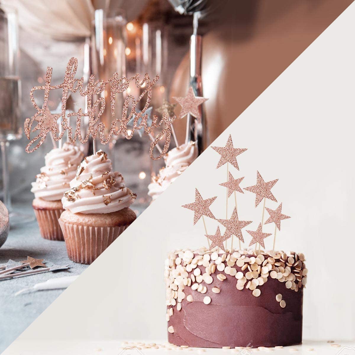 iZoeL 2 Sets Cake Decoration Rose Gold Cake Topper Happy Birthday Banner Confetti Balloon Stars Heart Cake Topper for Women Girls Rose Gold Theme Birthday Party Decor Hen Party
