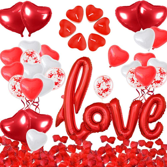 iZoeL Valentines Day Balloons Decorations XXL LOVE Letter Balloon 50pcs Heart Candles 1000pcs Rose Petals Red White Heart Confetti Balloons for Wedding Anniversary Engagement Party Newly Weds