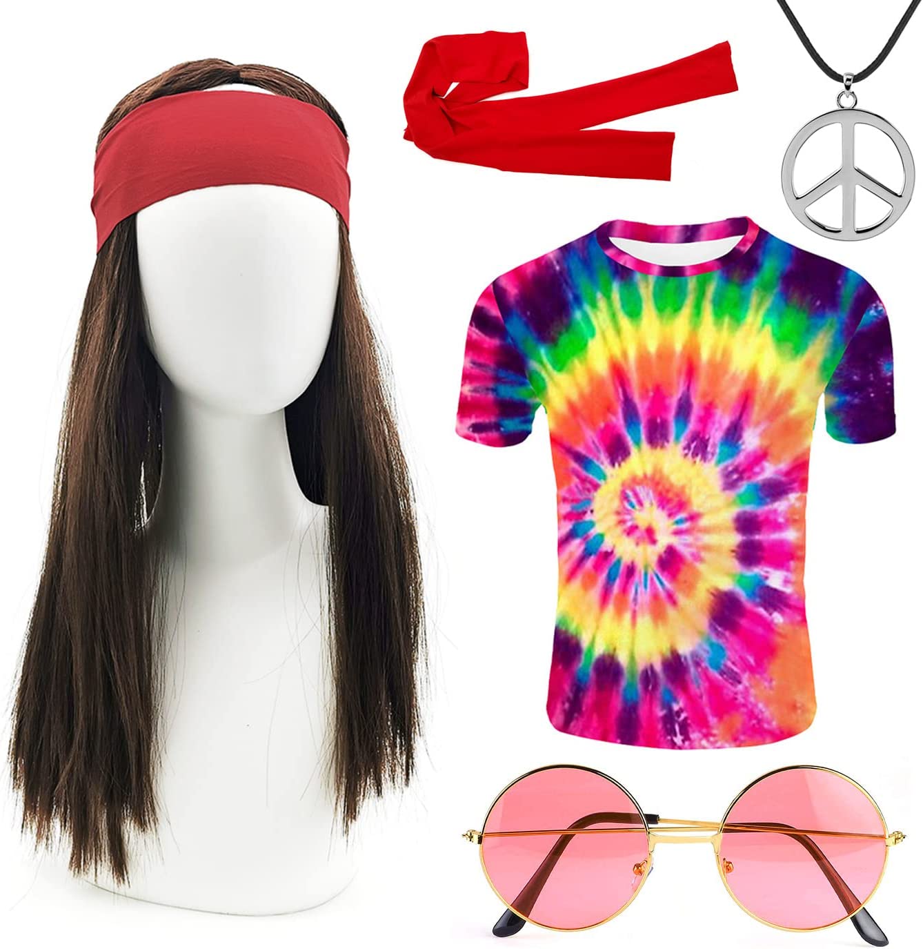 iZoeL Hippie Costumes Clothes for Men Halloween Costumes Women - Hippie T-Shirt Hippie Wig Sunglasses Peace Necklace Headband - 80s Accessories 70s Fancy Dress Disco 80s Night Festival