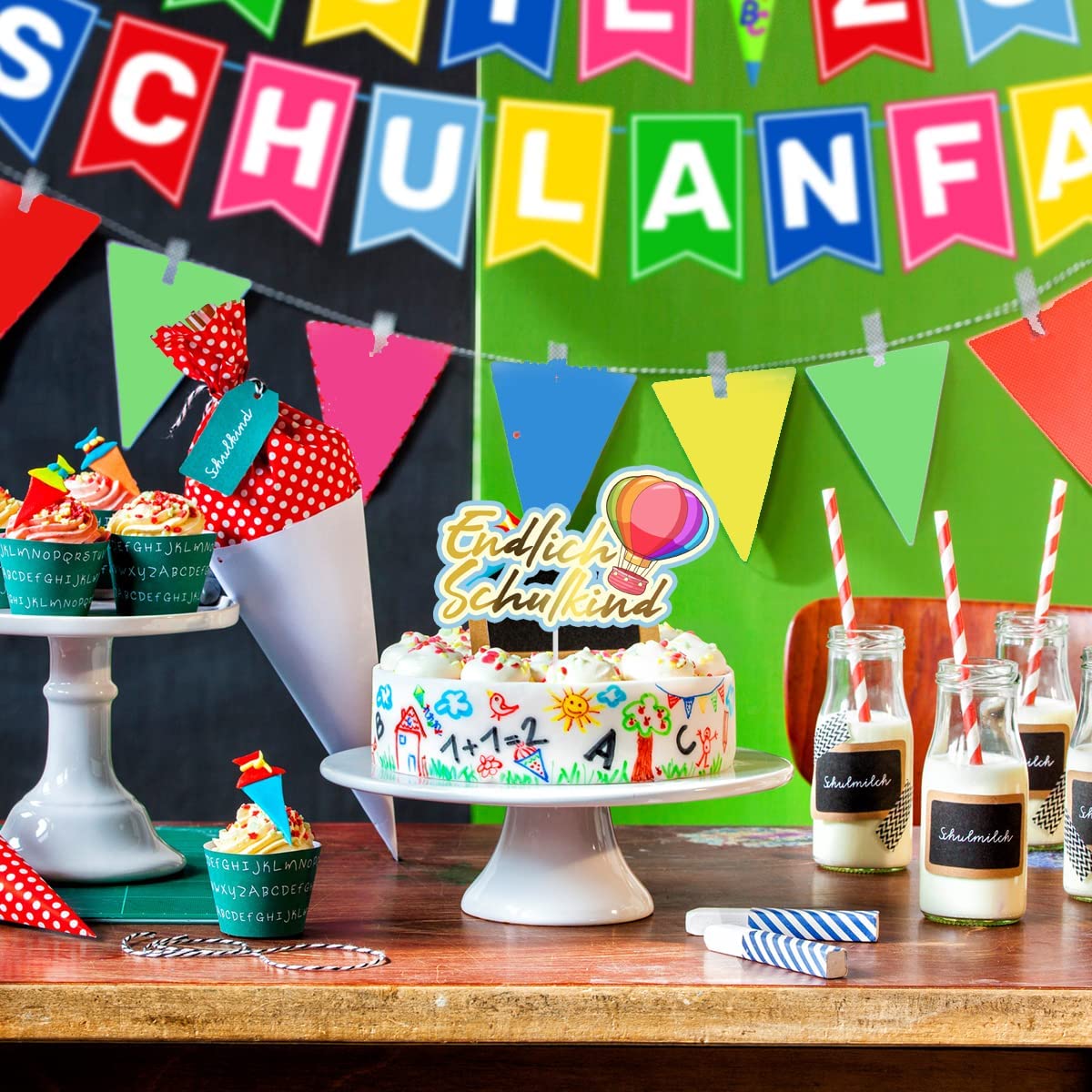 iZoeL Decorative First Day of School Boy Bunting "Alles Gute zum Schulanfang" Banner Foil Balloon Cake Decoration School Cone Craft Set Confetti Girls