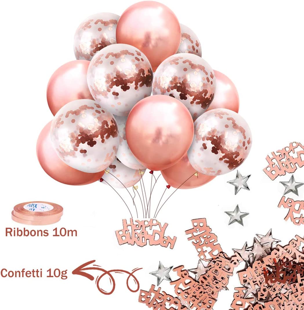 iZoeL Rose Gold Birthday Party Decoration for Girls Women Happy Birthday Banner, Rose Gold Fringe Curtain Foil Tablecloth, Heart Star Confetti Balloons and 10g Table Confetti